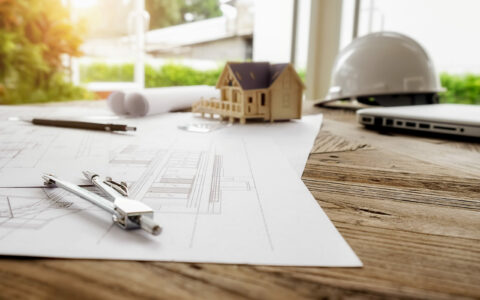 Image of engineering objects on workplace top view.Construction